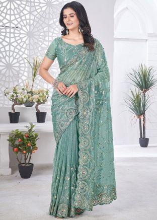 Grey Scalloped Border Net Saree