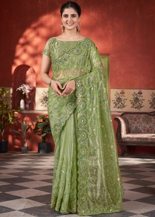 Green Net Saree In Sequins Work