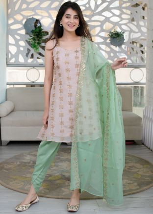 Readymade Peach Embroidered Dhoti Kurta In Art Silk