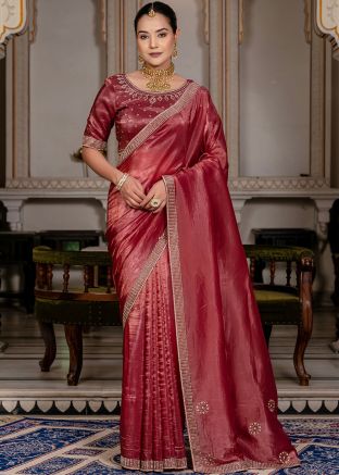 Red Embellished Border Viscose Saree