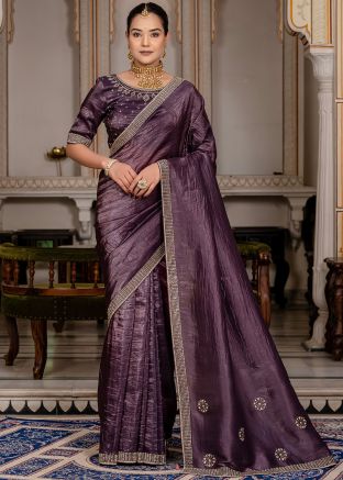 Purple Viscose Stone Embellished Saree