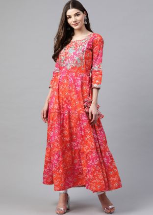 Red Bandhani Printed Readymade Long Tiered Kurta