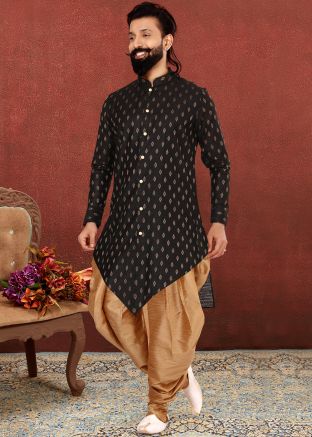 Black Readymade Cotton Silk Sherwani Dhoti Set