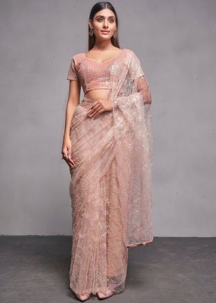 Baby Pink Sequins Embellished Net Saree