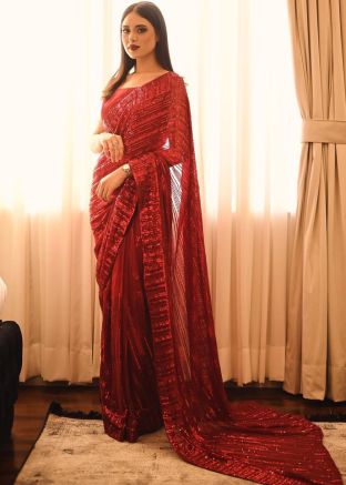 Red Embellished Georgette Saree With Blouse