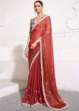 Rust Red Embroidered Tissue Saree