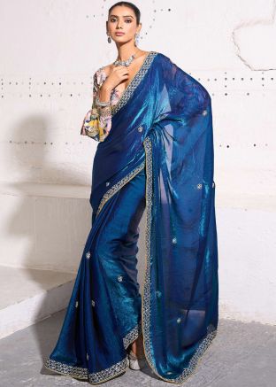 Blue Tissue Embroidered Saree