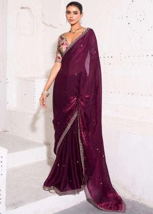 Wine Embroidered Tissue Saree