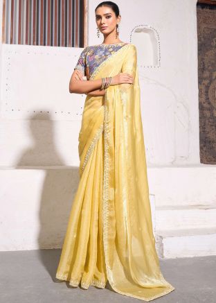 Yellow Embroidered Saree In Tissue Silk
