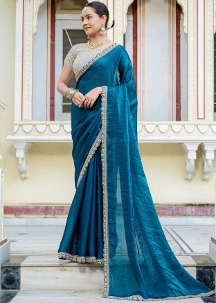 Blue Embroidered Saree In Satin