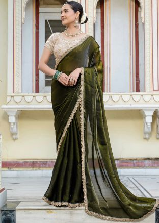 Green Embroidered Saree In Satin