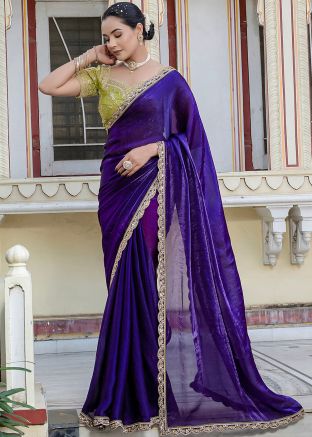 Blue Embroidered Saree In Satin