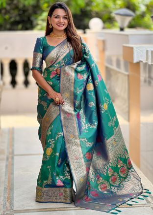 Dual Tone Teal Green Woven Art Silk Saree