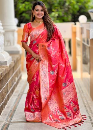 Dual Tone Coral Pink Woven Saree & Blouse