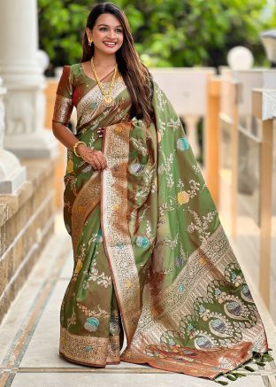 Dual Tone Mehendi Green Woven Saree