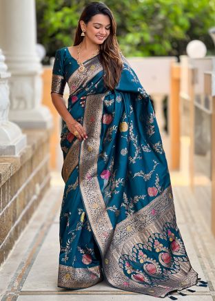 Teal Blue Zari Woven Saree & Blouse