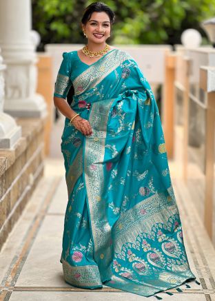 Turquoise Woven Saree In Art Silk