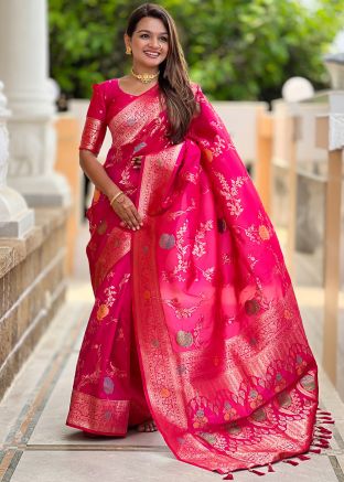 Rani Pink Art Silk Saree In Woven Work