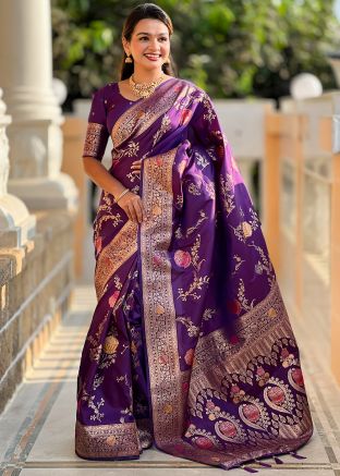 Purple Art Silk Saree In Woven Work