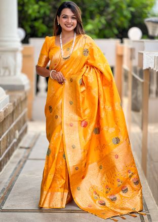 Yellow Art Silk Saree In Woven Work