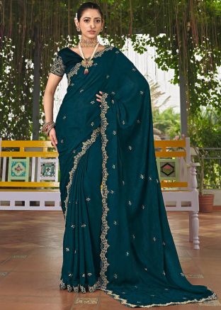 Blue Embroidered Art Silk Saree