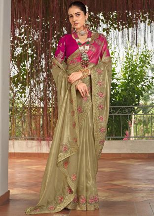 Green Embroidered Saree In Organza Silk