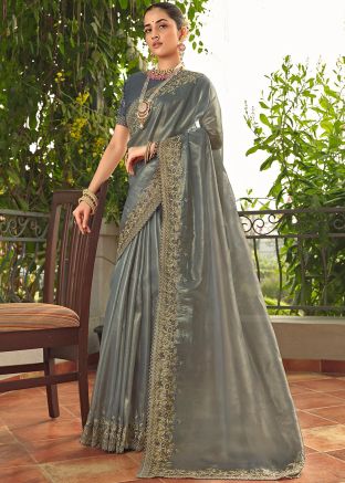 Grey Embroidered Organza Silk Saree