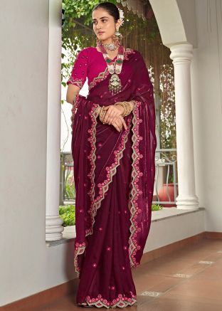 Magenta Embroidered Tissue Silk Saree