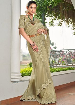 Green Embroidered Saree In Tissue Silk