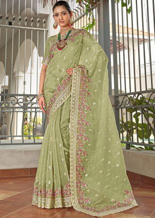 Green Embroidered Art Silk Saree