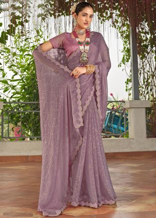 Purple Embroidered Saree in Art Silk