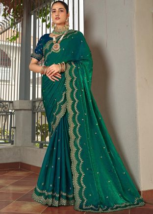 Teal Green Embroidered Art Silk Saree