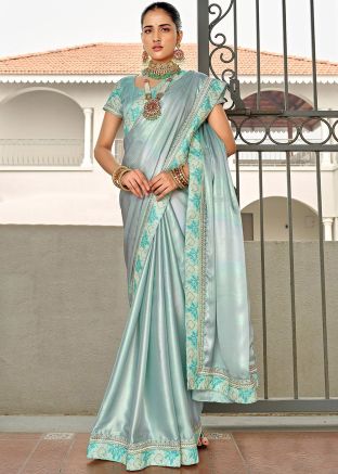 Blue Embroidered Satin Saree