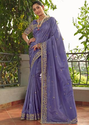 Blue Embroidered Saree In Art Silk