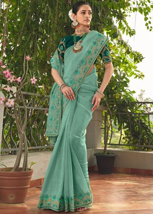 Green Embroidered Saree In Art Silk