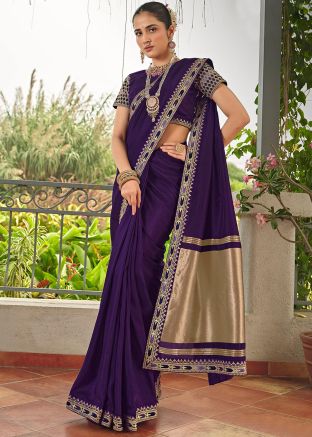 Blue Embroidered Art Silk Saree