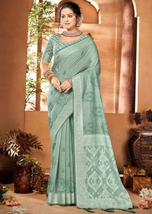 Sage Green Cotton Woven Saree