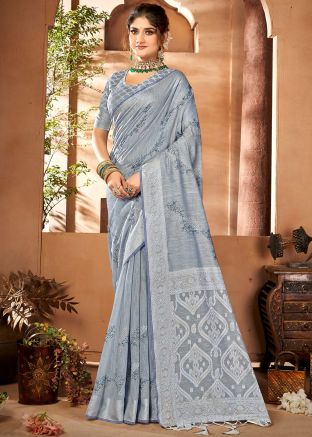 Stone Blue Woven Saree In Cotton
