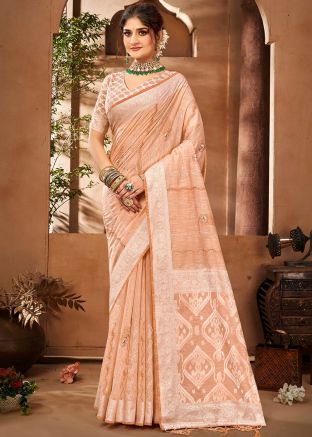 Peach Woven Saree In Cotton