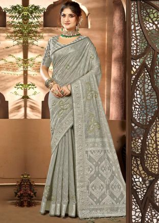 Grey Woven Saree In Cotton