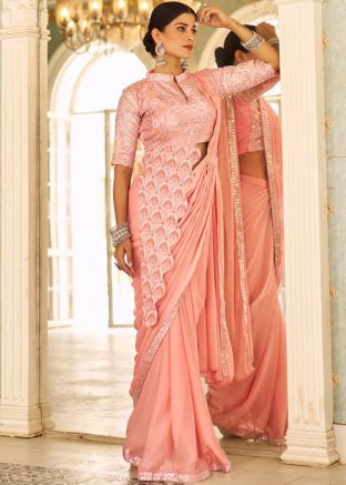 Peach Embroidered Pre-Stitched Saree