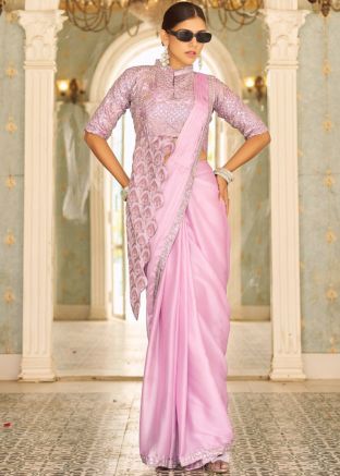 Pink Pre-Stitched Embroidered Saree In Chiffon