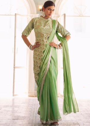 Green Embroidered Pre-Stitched Saree In Chiffon