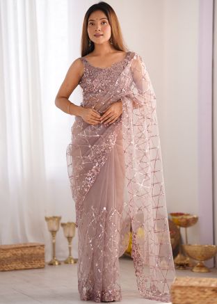 Pink Embroidered Net Saree