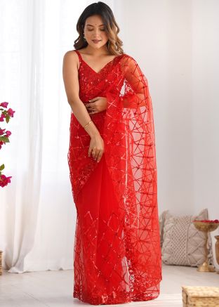Red Embroidered Saree In Net