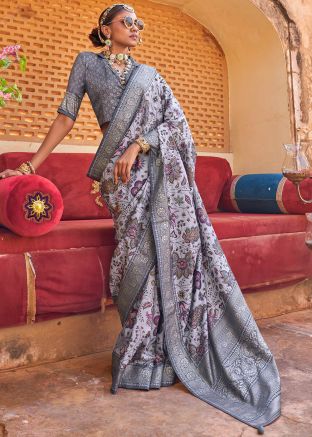 Grey Floral Print Art Silk Saree