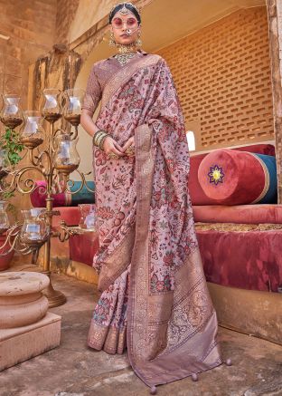 Dusty Pink Art Silk Floral Print Saree