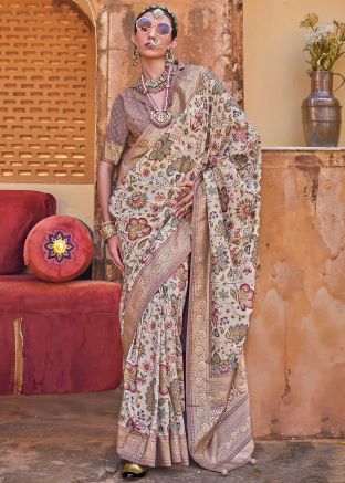 Cream Floral Print Saree With Blouse