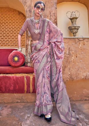 Pink Floral Print Saree & Blouse