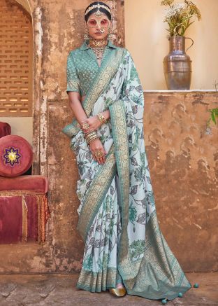 Turquoise Floral Print Saree & Blouse
